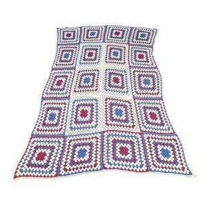 Vintage Granny Square Crochet Blanket Afghan Sofa Red White Blue Patriotic 79X53